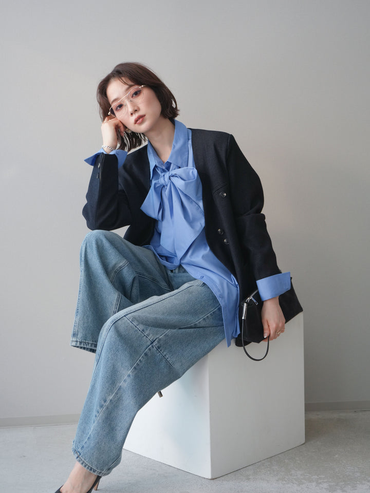 [SET]ノーカラージャケット+ボウタイ付オーバーシャツ(2set)