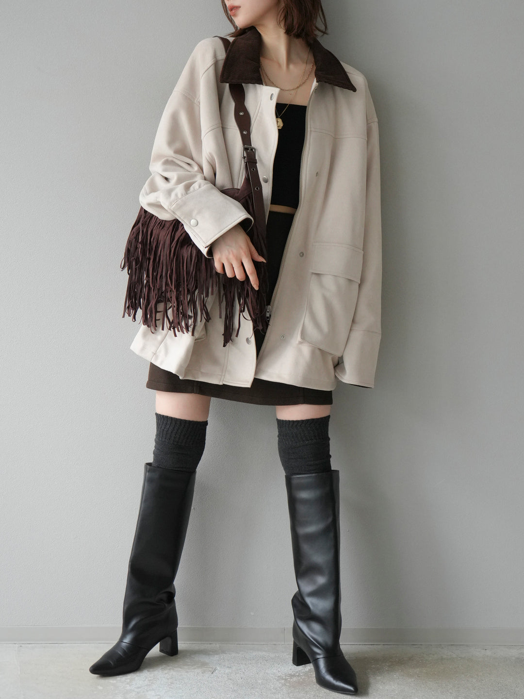 [予約]コーデュロイ襟スウェードミドルジャケット /エクリュ