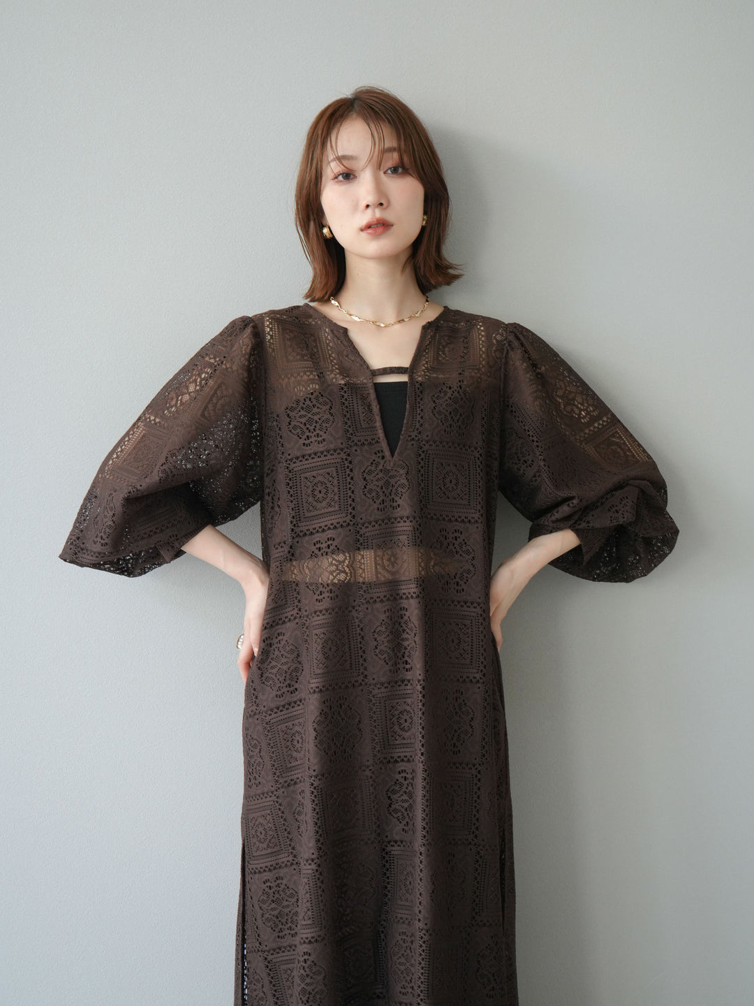 [予約]ブロックレースボリュームスリーブワンピース/ブラウン