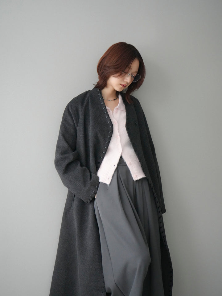 [SET]ハンドステッチ裏中綿ロングコート+モヘア衿付きボタンプルオーバー+テープベルトタックバギーパンツ(3set)