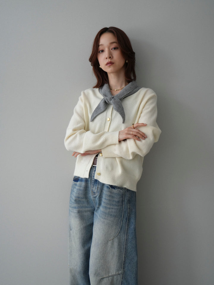 [SET]デザイン襟ニットカーディガン+ベルト付カーブデニムパンツ(2set)