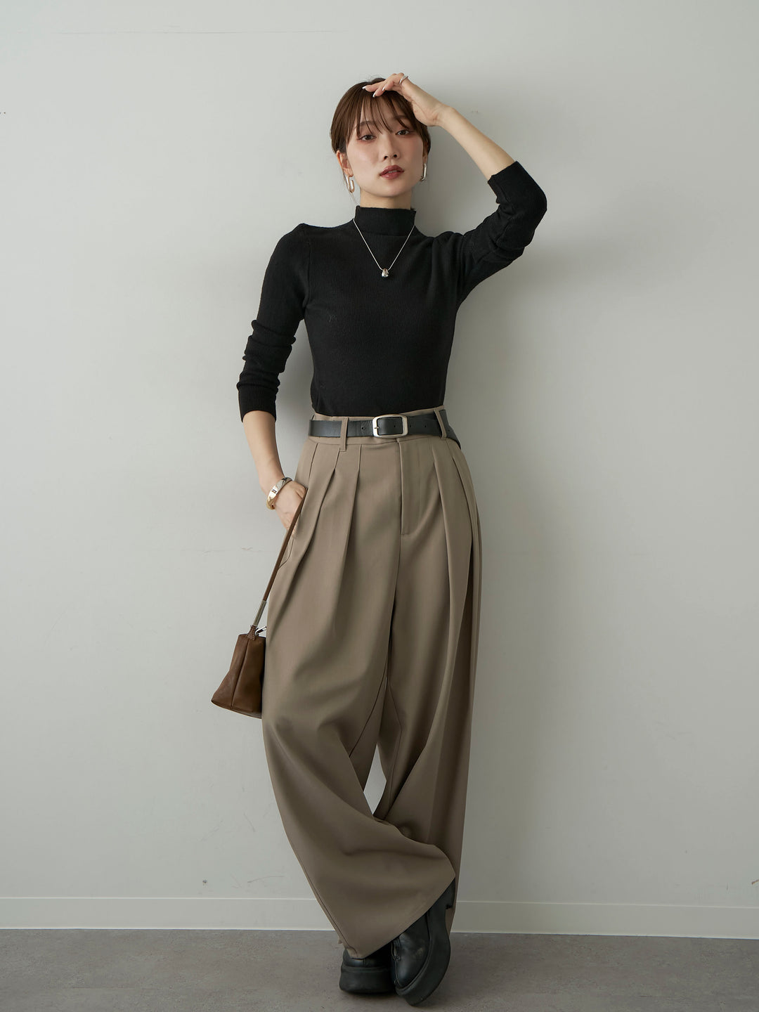 [SET]リブモックネックニットトップス+ツイルタックワイドパンツ(2set)