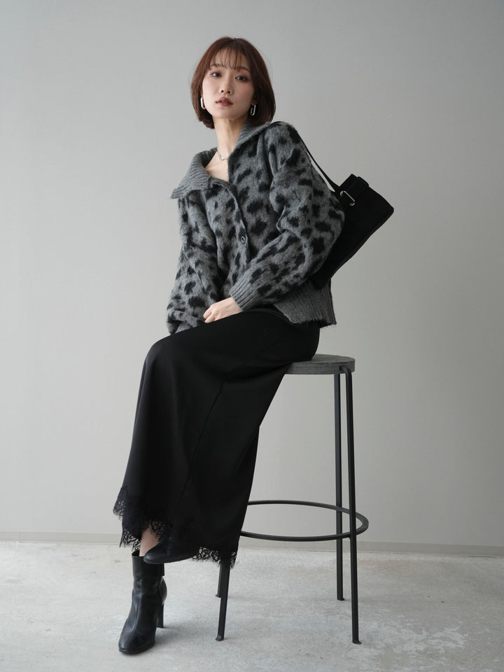 [予約]スタンドネックレオパード柄ニットカーディガン/gray