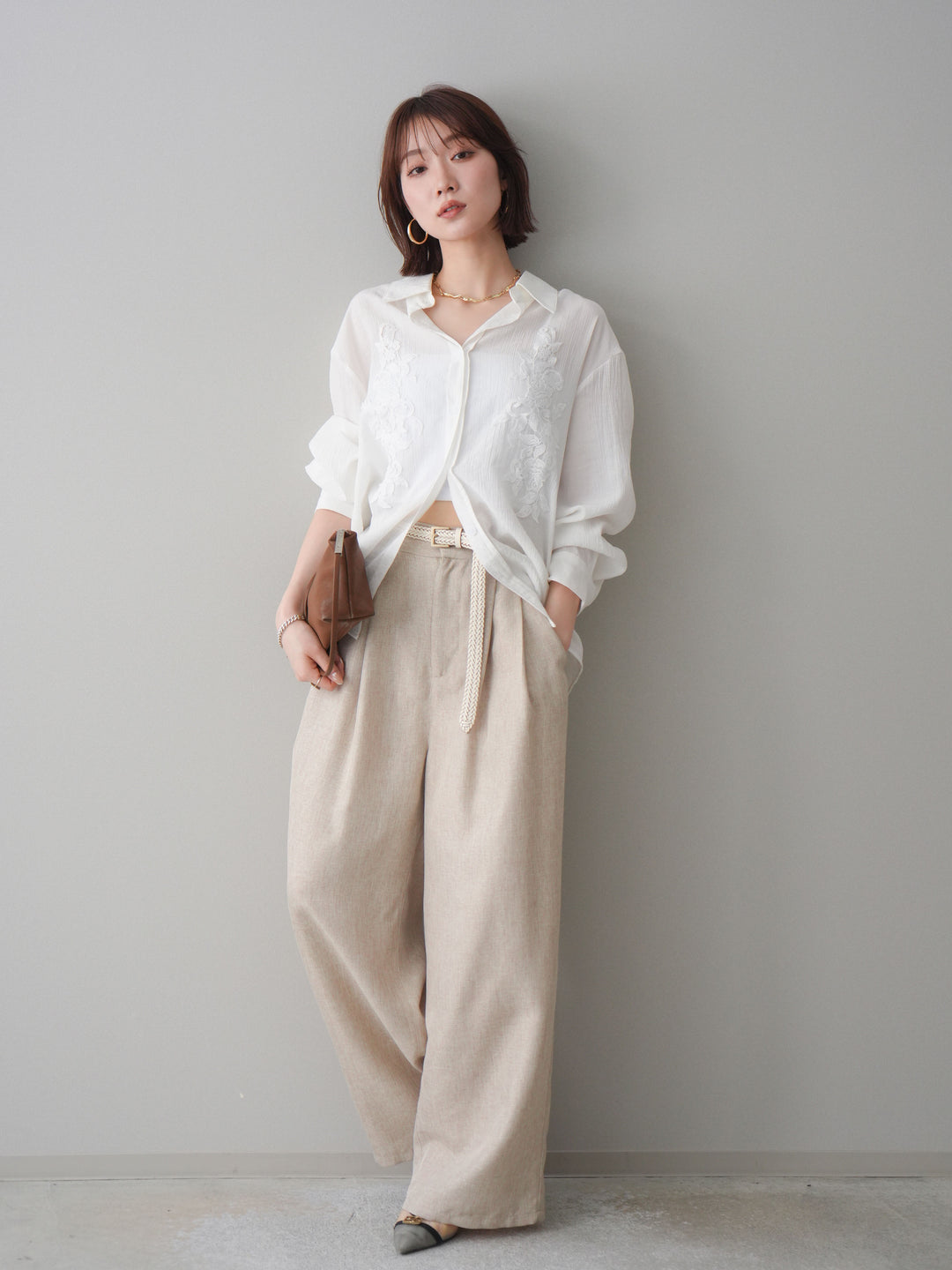 [予約]リネンライクタックワイドパンツ/oatmeal