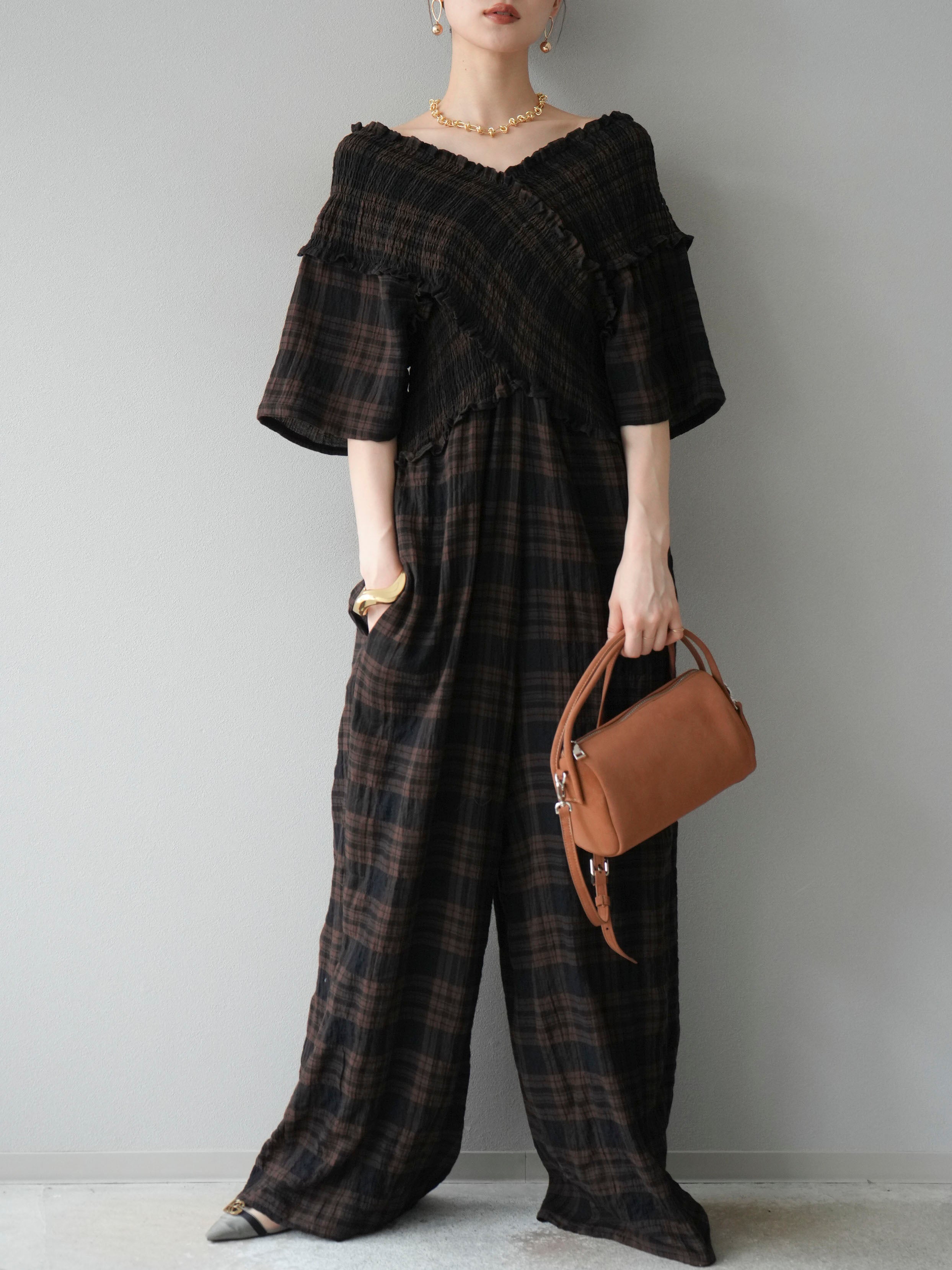 SET]チェック柄ハーフスリーブシャーリングクロスサロペット+選べる