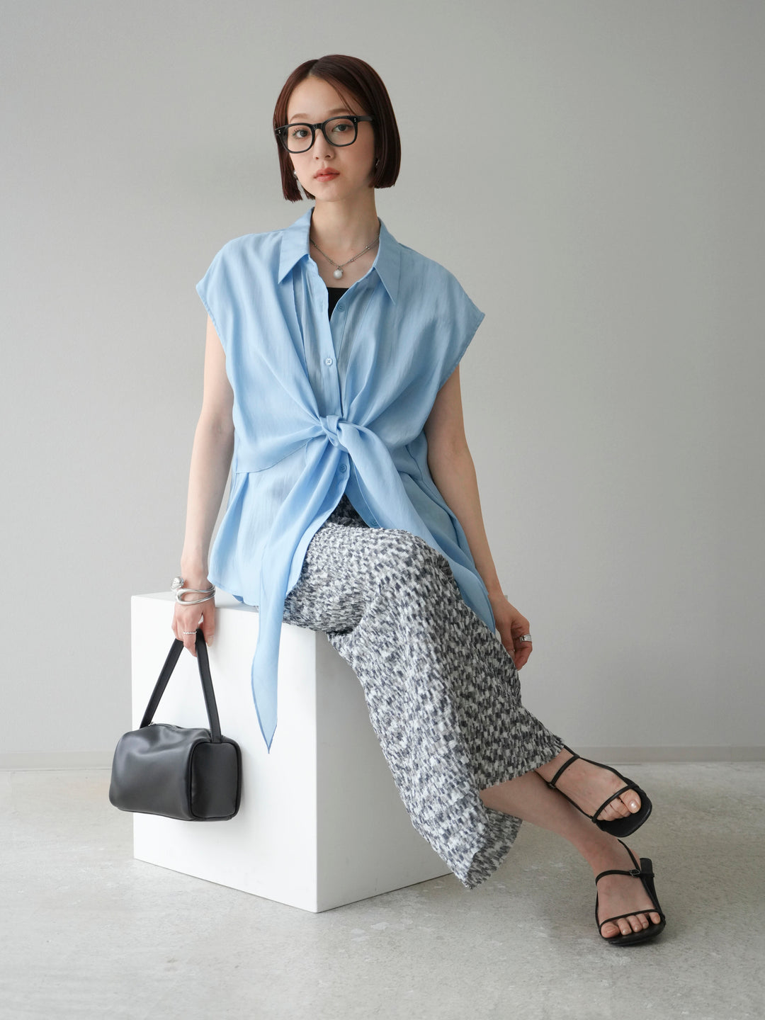 [SET]フロントタイシアーブラウス+マルチカラーランダムプリーツタイトスカート(2set)