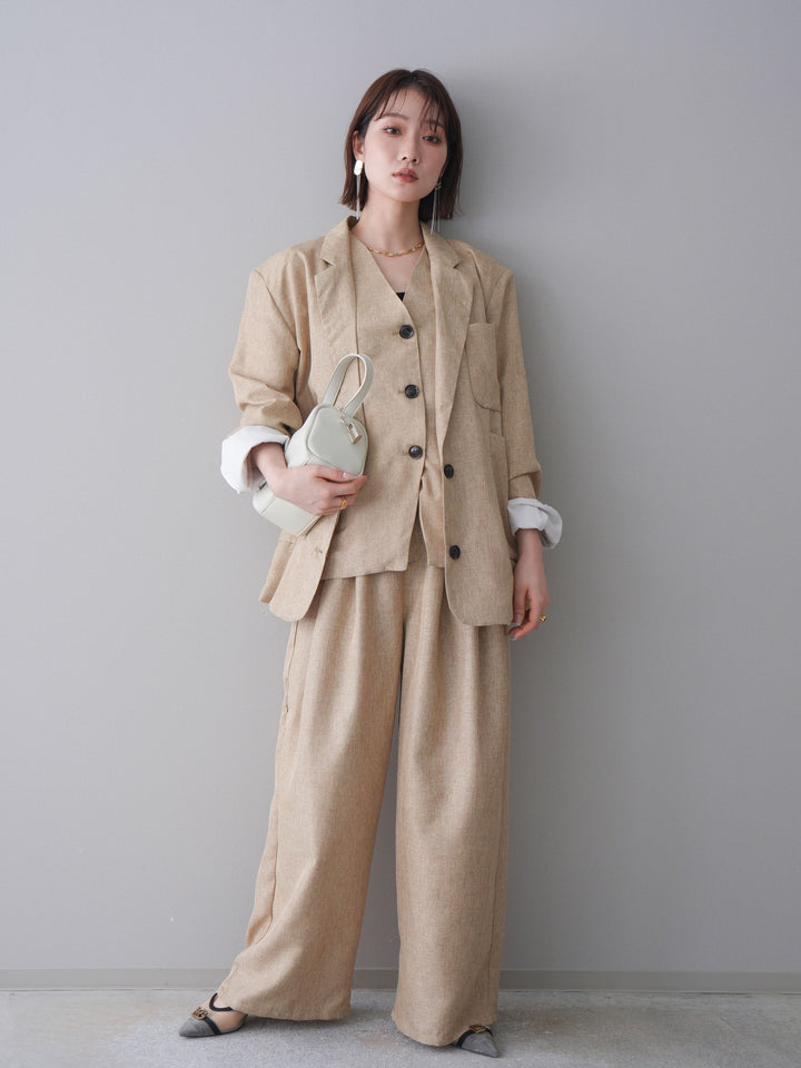 [SET]リネンライクテーラードジャケット+リネンライクバックオープンジレ+リネンライクタックワイドパンツ(3set)