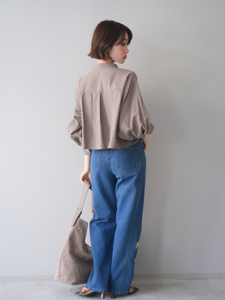 [SET]ラッフルフレアショートブラウス+フラワー刺繍ストレートデニム(2set)