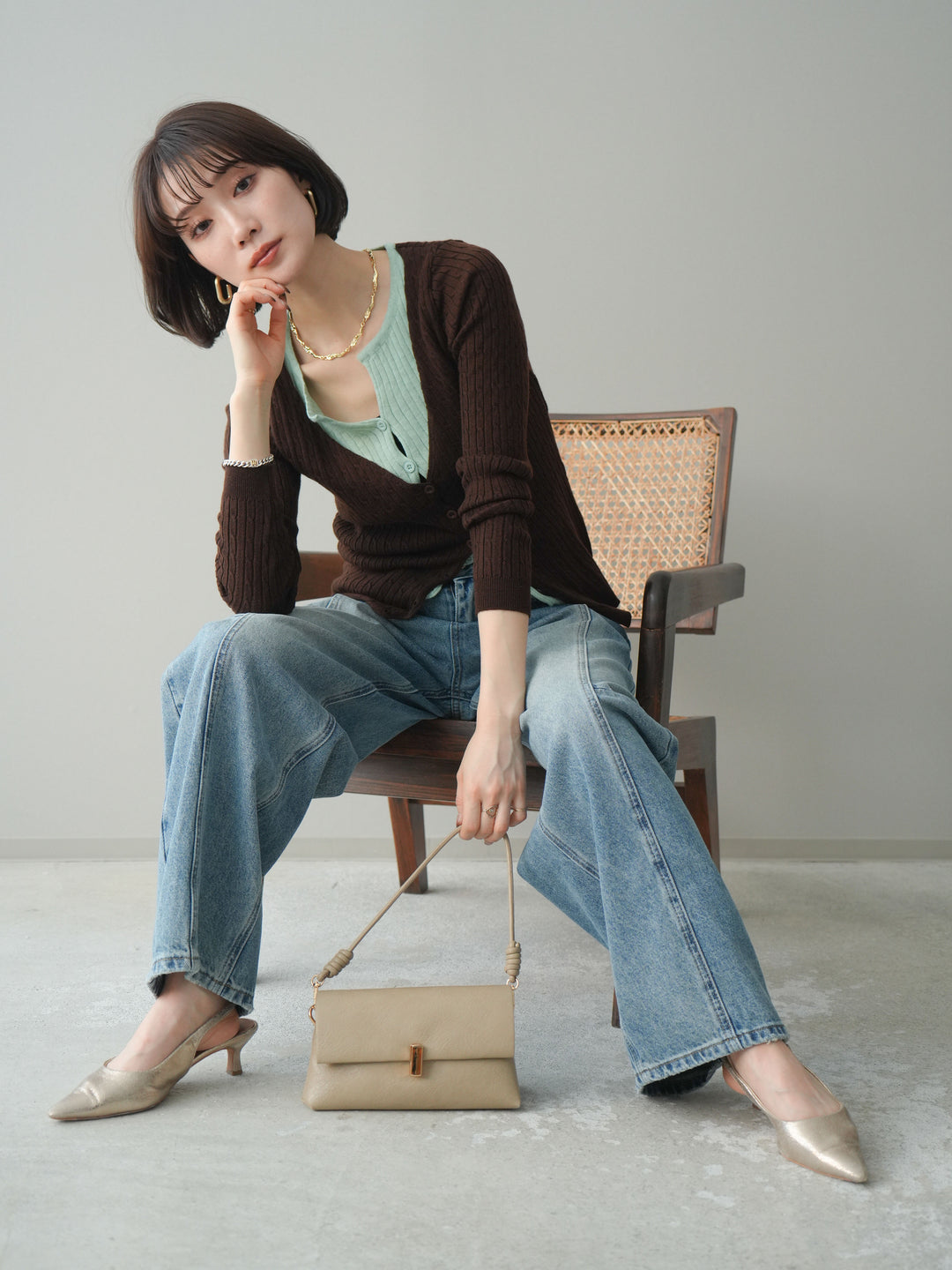 [予約]バイカラーレイヤードニットカーディガン/brown