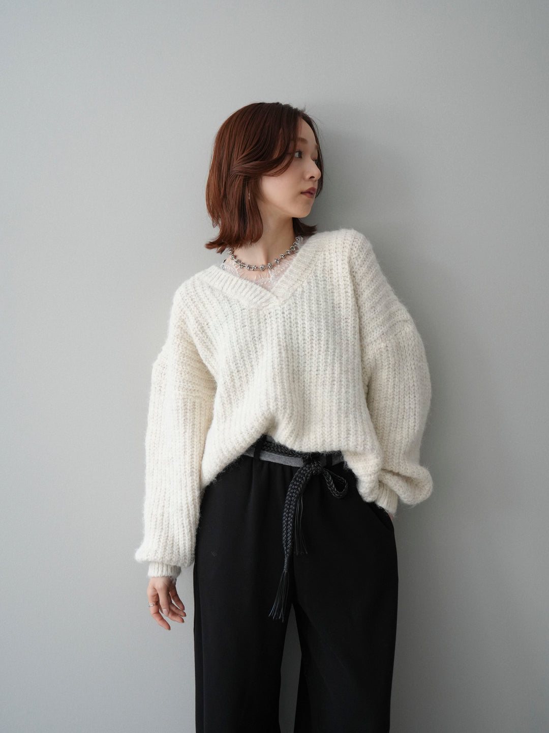 [SET]Vネックレースニットプルオーバー+編み込みベルト付きウエスト配色スエットパンツ(2set)