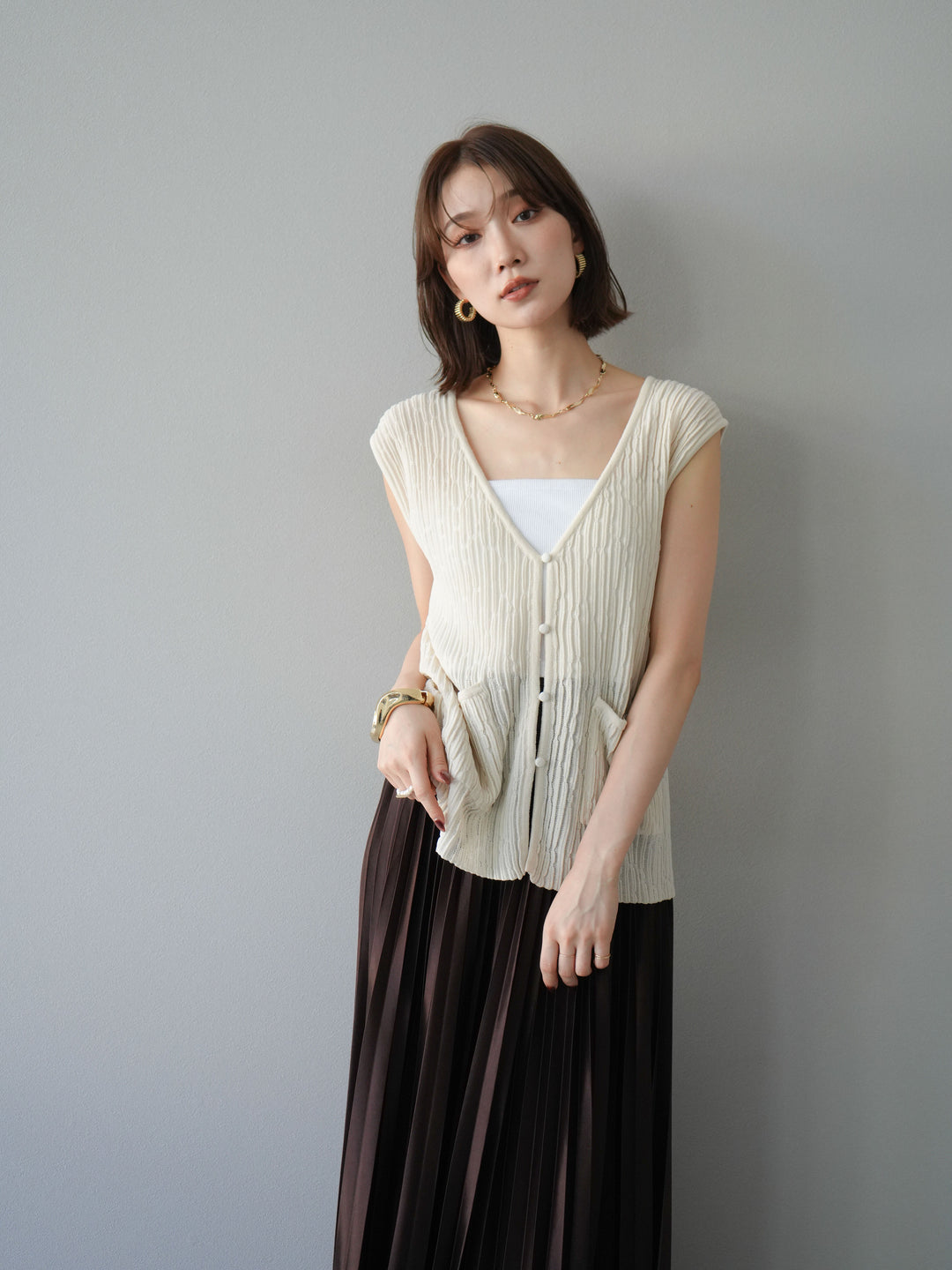【預購】波浪夏季針織背心/米白色