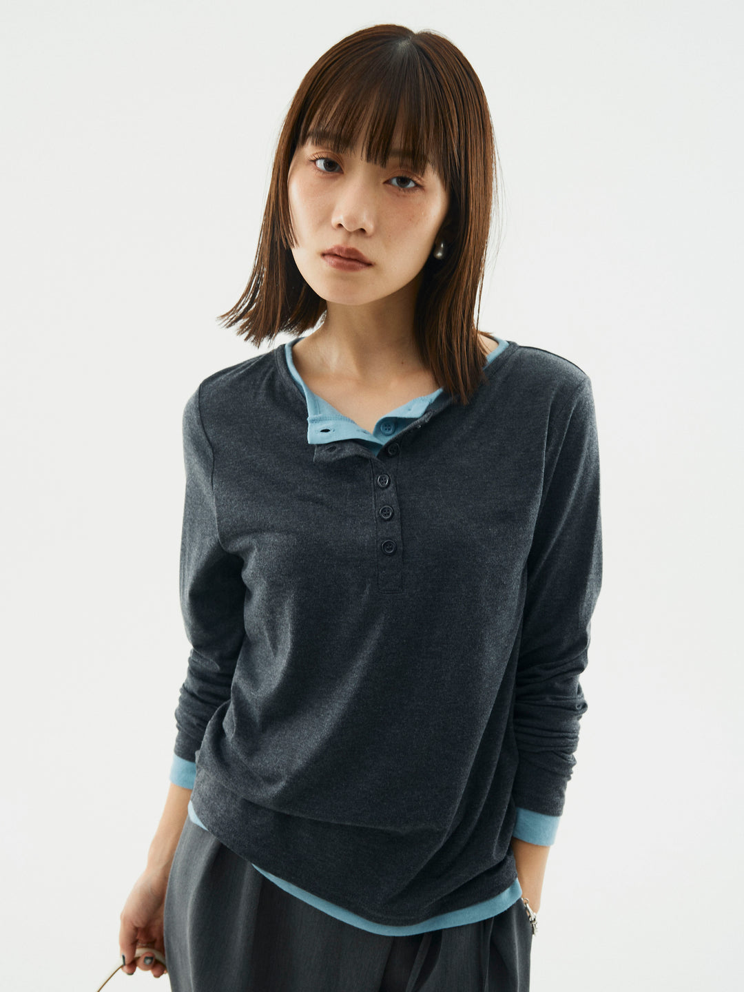 【Allure】[SET]配色レイヤードヘンリーネックトップス+配色レイヤードヘンリーネックトップス(2set)