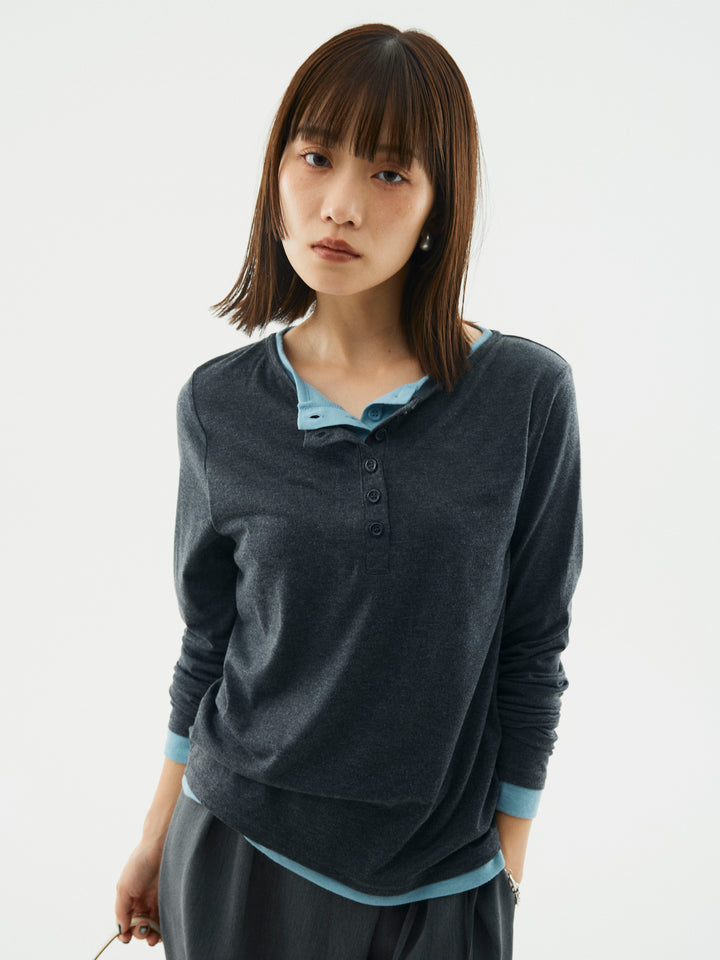 【Allure】[SET]配色レイヤードヘンリーネックトップス+配色レイヤードヘンリーネックトップス(2set)