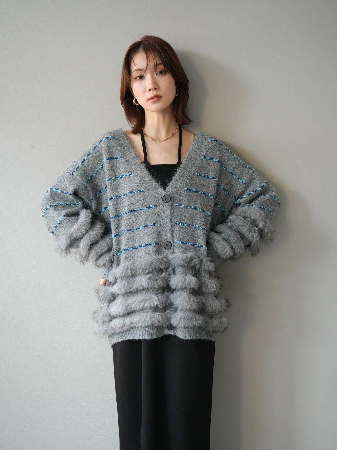 [予約]フェザーライン配色シャギーニットカーディガン/グレー