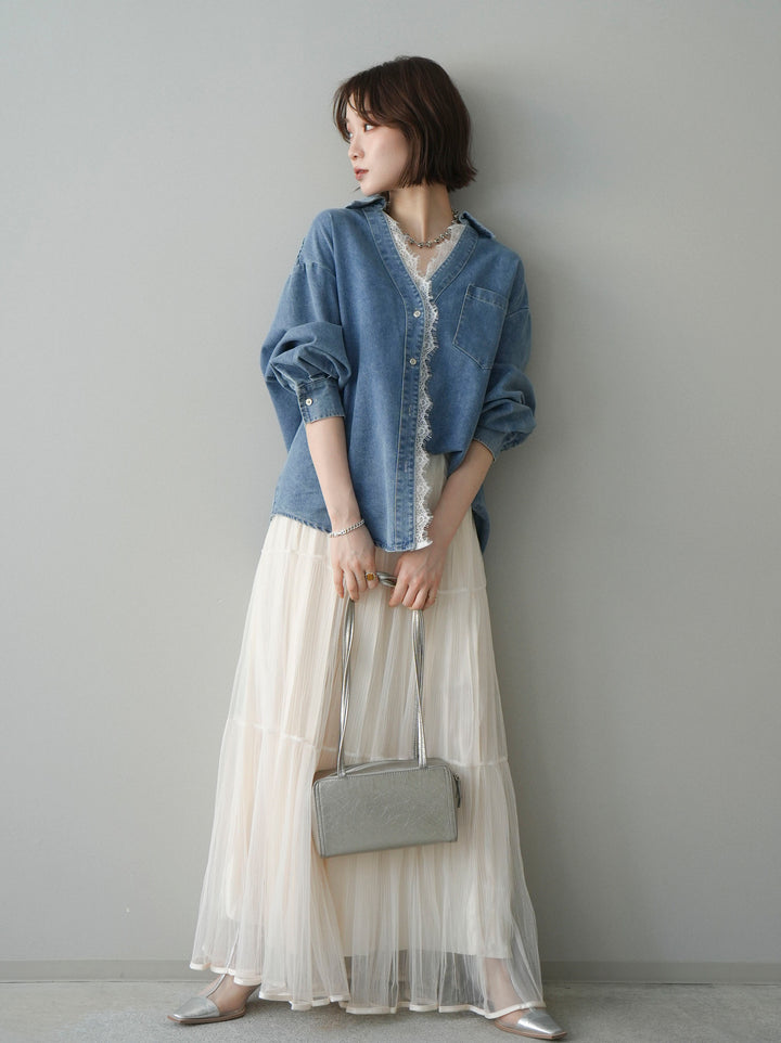 [SET]レースレイヤードデニム開襟シャツ+ラメプリーツレイヤードチュールロングスカート(2set)