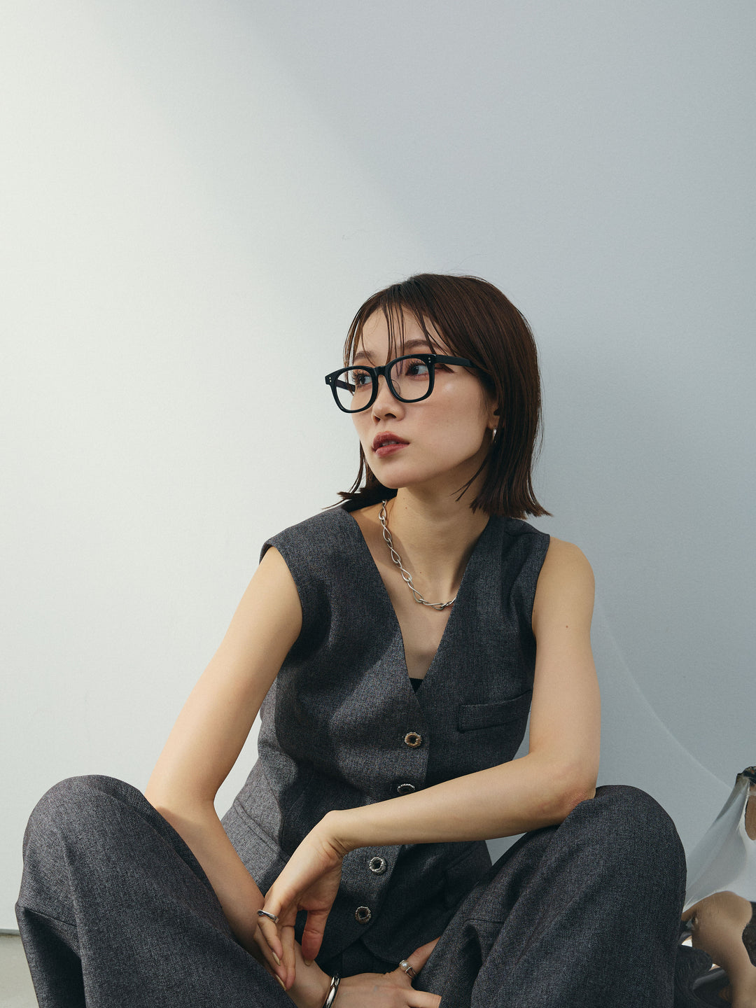 [SET]フラワーモチーフレースアップジレ＆ベルト付ワイドパンツSET UP(2set)