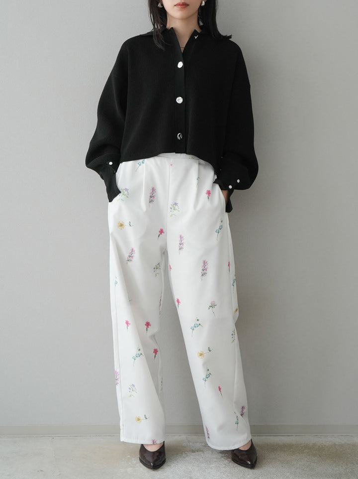 [SET]ボリュームスリーブポロニットカーディガン+フラワーアートプリントタックパンツ(2set)