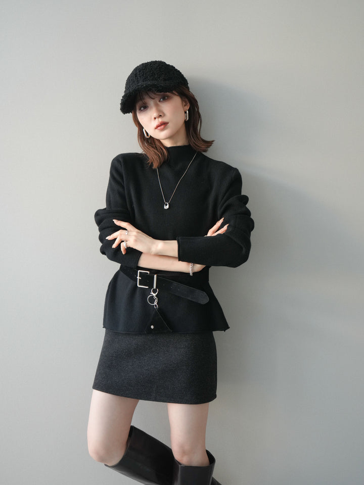 [予約]ボトルネック裾カールリブニットトップス/black