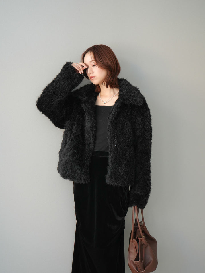 [SET]フェイクファー襟付きショートブルゾン+ギャザーベロアスカート(2set)