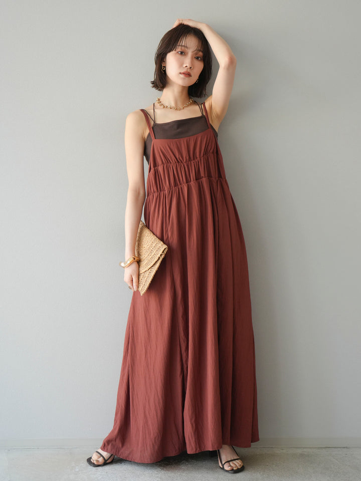 [SET]レーヨンシャーリングキャミワンピース+カップ付きバッククロスキャミソール(2set)