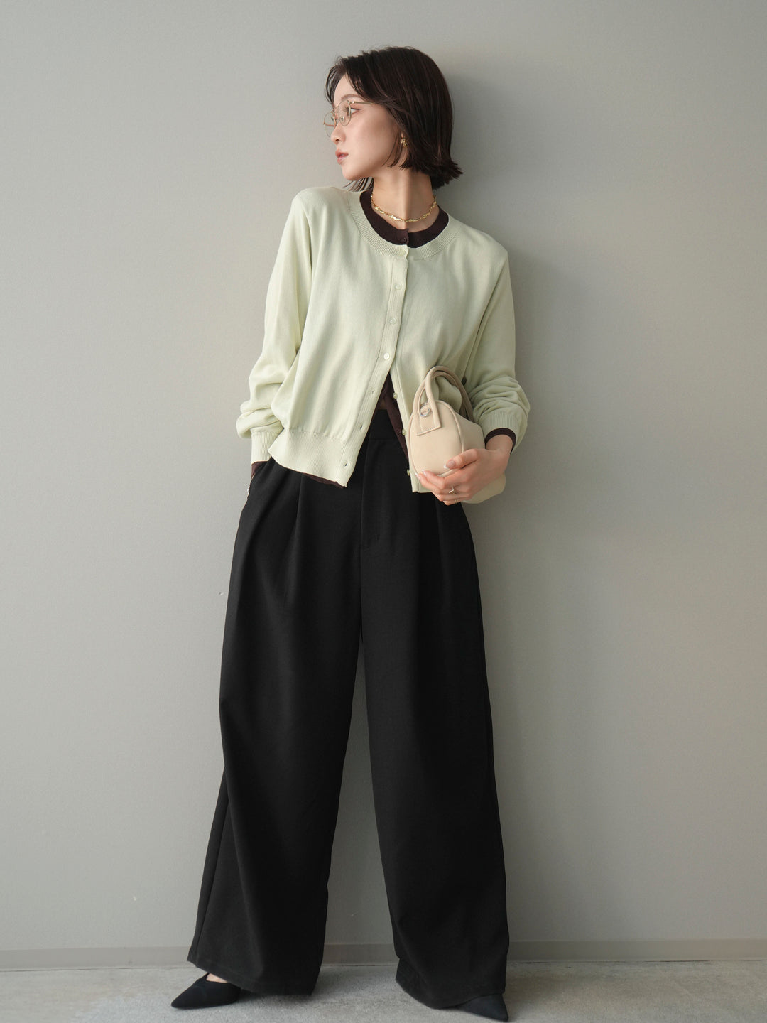 [予約]サテンベルトタックワイドパンツ/black