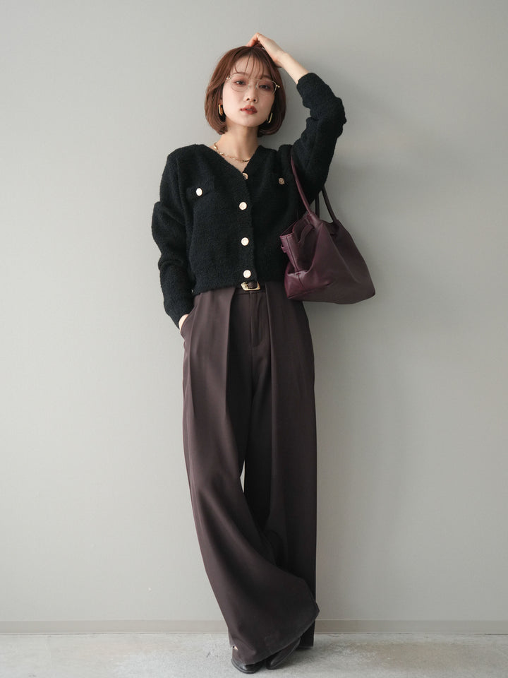 [SET]ゴールドボタンモールニットカーディガン+ベルトループデザインワイドパンツ(2set)