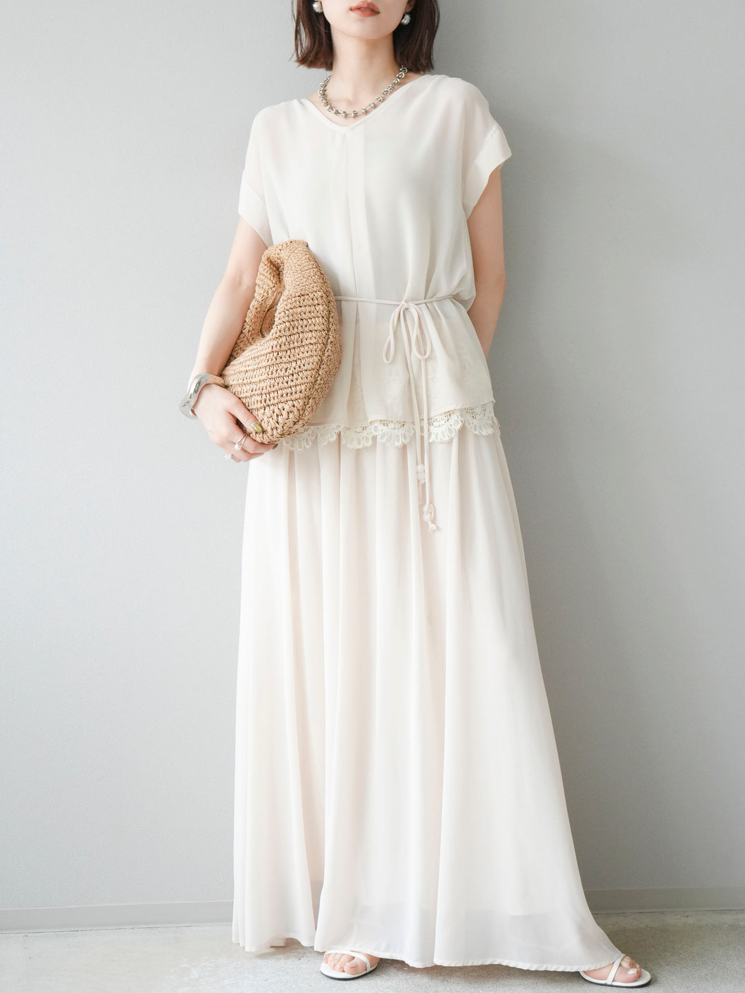 [SET]シフォンブラウス＆レースデザインフレアスカートSET UP(2set)