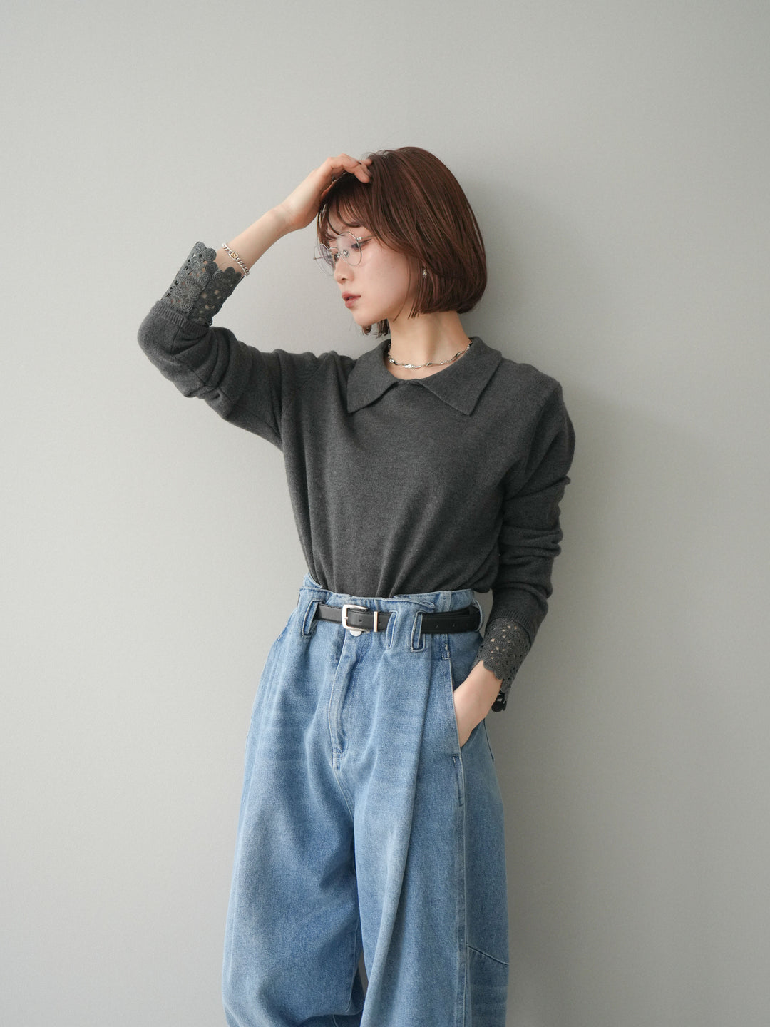 [SET]スカラップレース袖襟付きニットトップス+選べるアクセセット(2set)