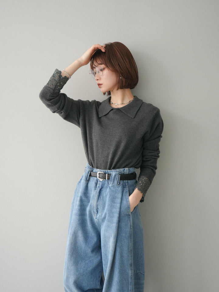 [SET]スカラップレース袖襟付きニットトップス+選べるアクセセット(2set)