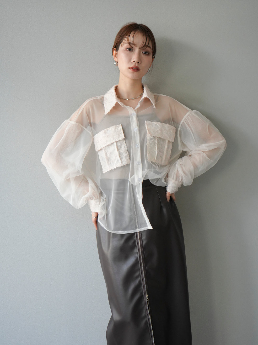 [予約]フリンジジャガード×チュールレイヤードシャツ/アイボリー