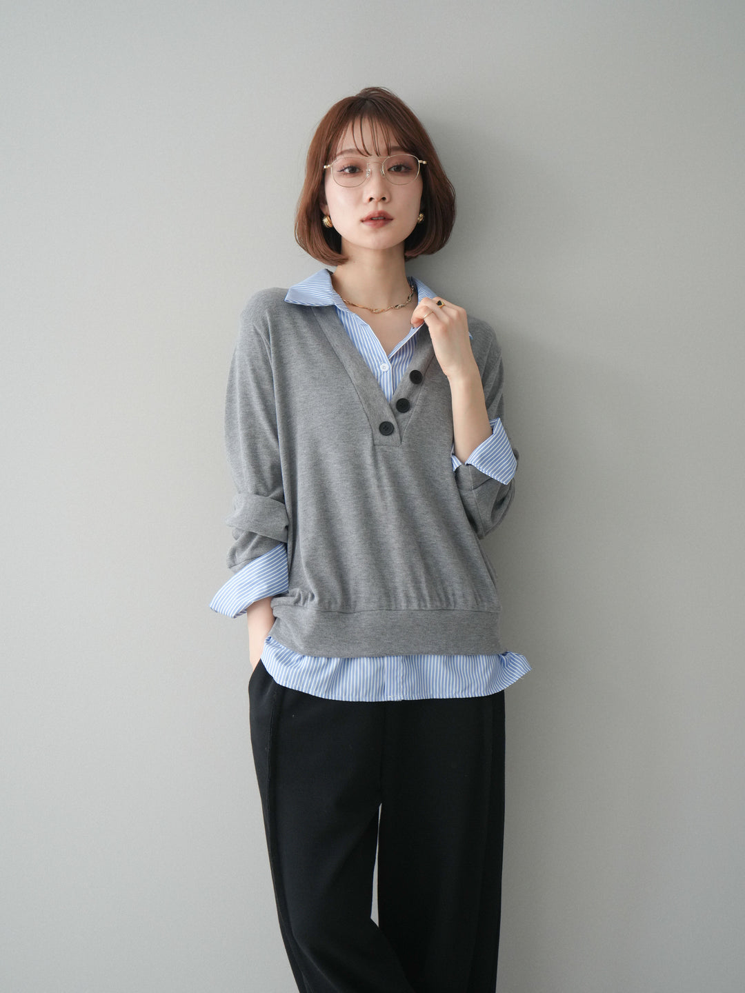 [予約]シャツレイヤードデザインカットプルオーバー/lightgray