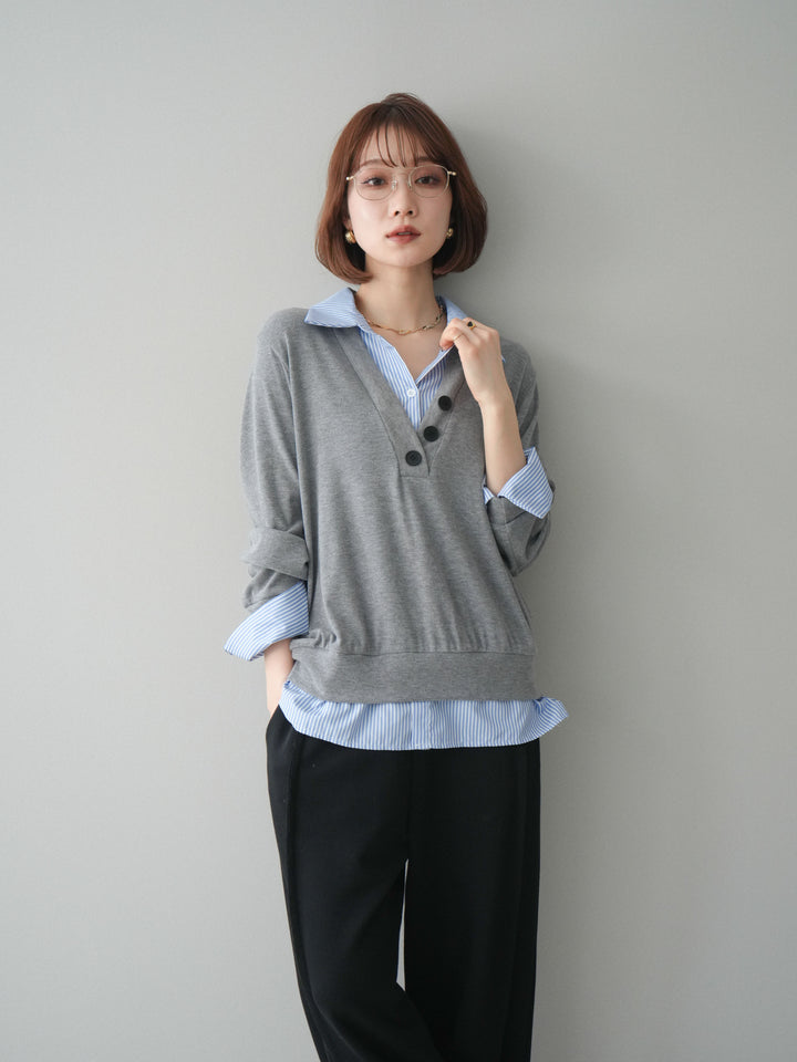[予約]シャツレイヤードデザインカットプルオーバー/lightgray