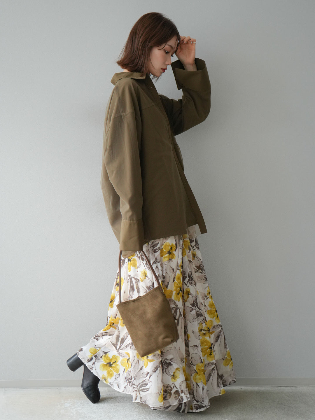 [予約]フラワープリントボリュームフレアスカート/イエロー