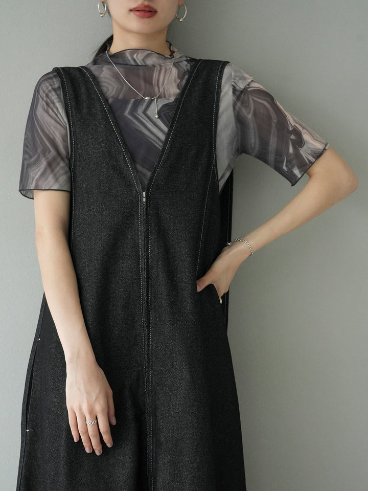 [Pre-order] Nuanced pattern petite neck 5/8 sleeve mesh top/black