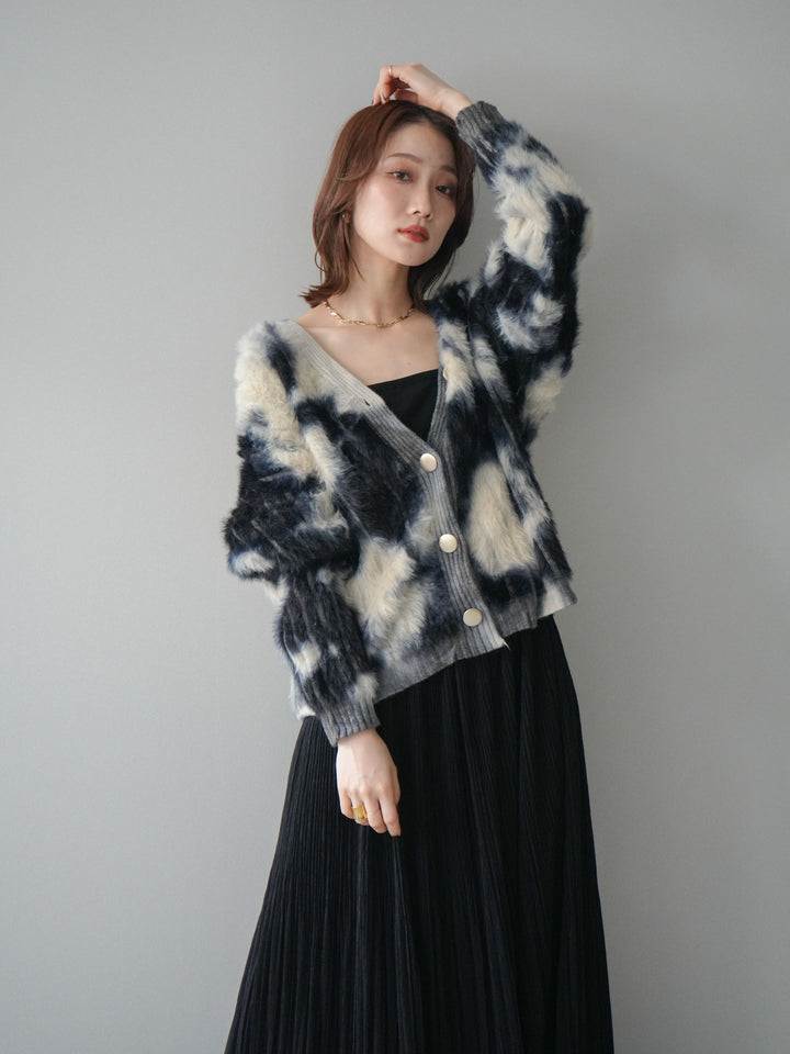 [SET]ニュアンス柄シャギーニットカーディガン+裾レーススウェードプリーツマキシスカート(2set)