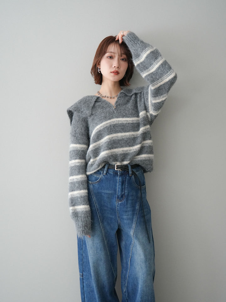 [予約]ハーフジップボーダーニットプルオーバー/gray