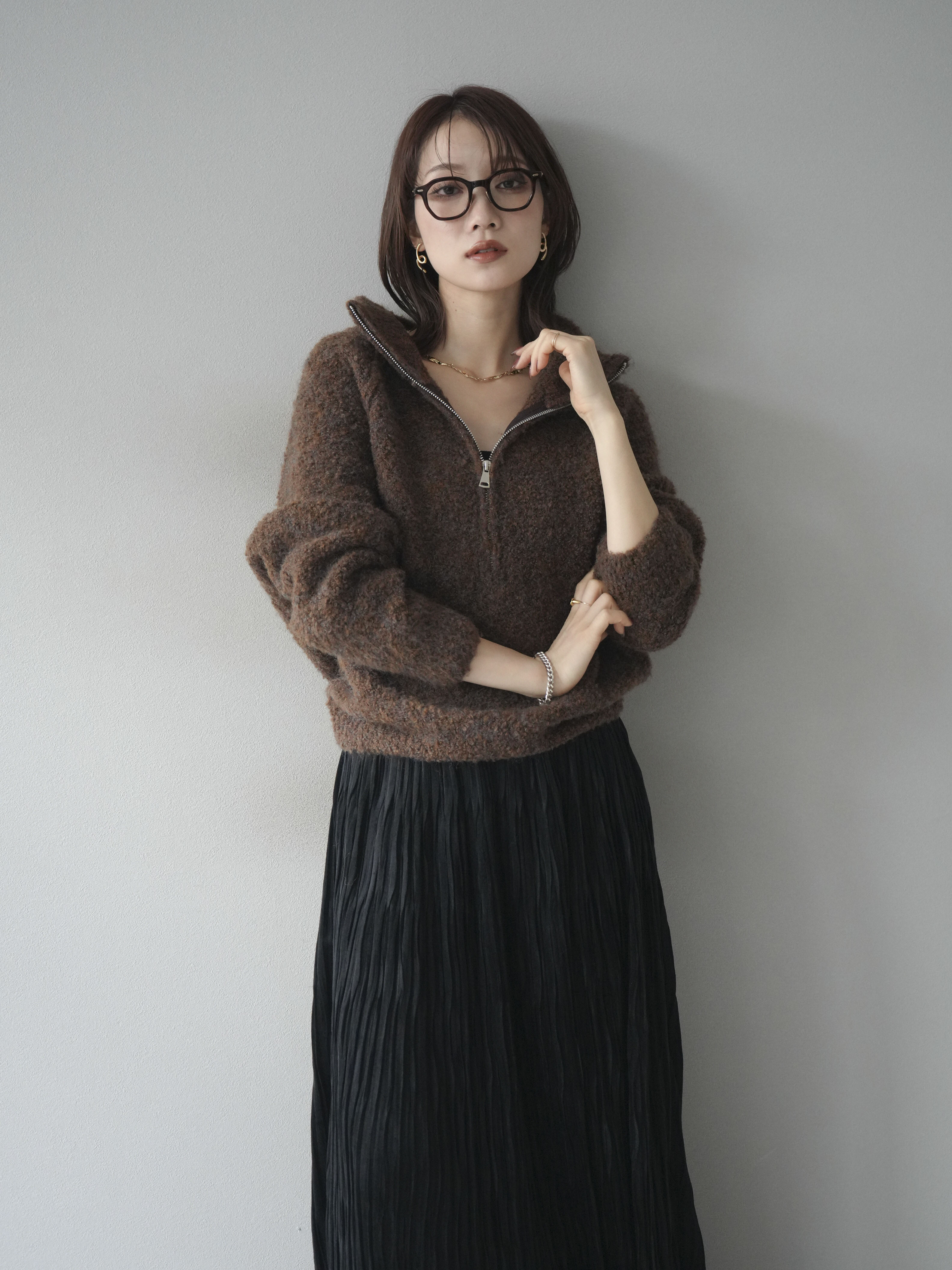 予約]スタンドジップMIXブークレニットプルオーバー/brown – Lumier