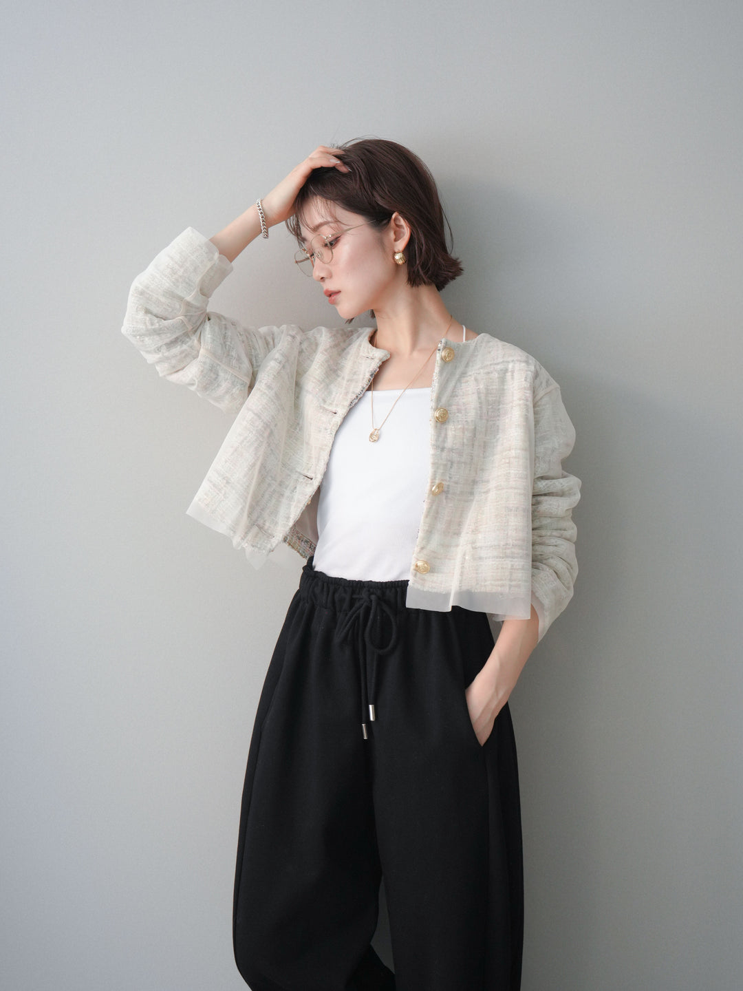 [SET]チュールレイヤードツイードクロップドジャケット+裾ZIPスエットワイドパンツ(2set)