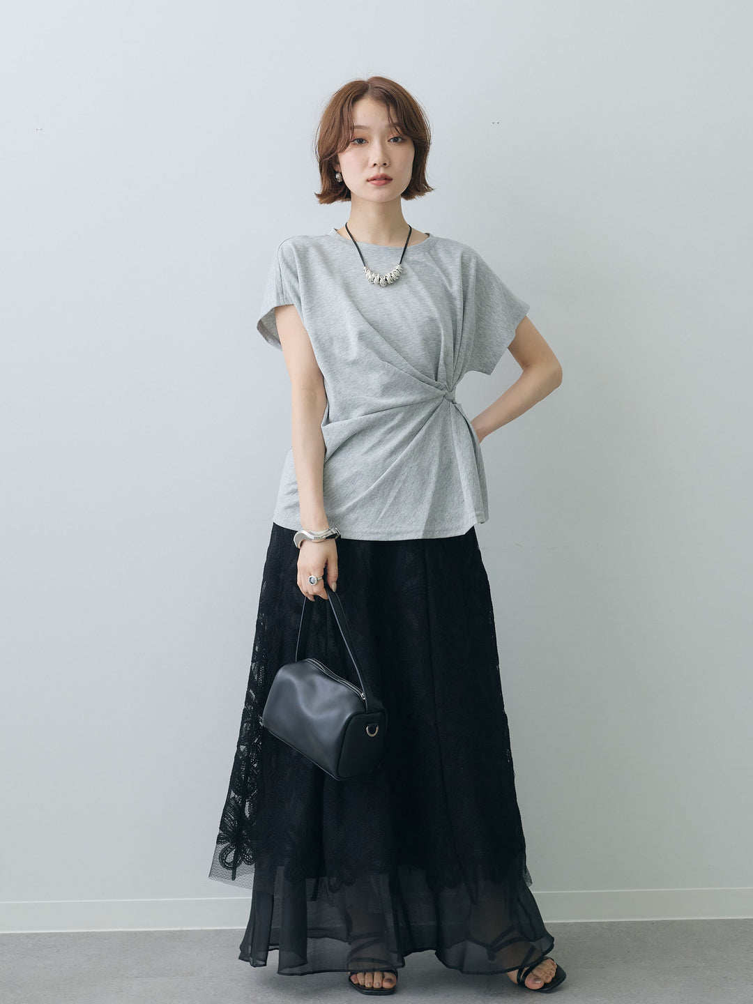 [SET]サイドノットTEE+フラワーレースレイヤードスカート(2set)