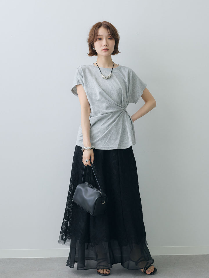 [SET]サイドノットTEE+フラワーレースレイヤードスカート(2set)