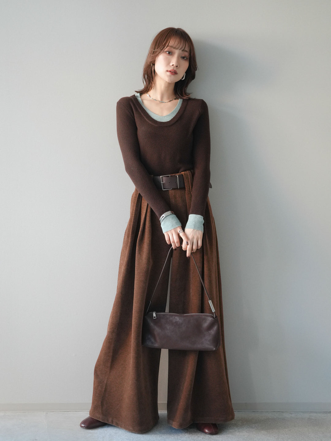 [予約]ベルトデザインループコールテンワイドパンツ(ベルト付き)/camel