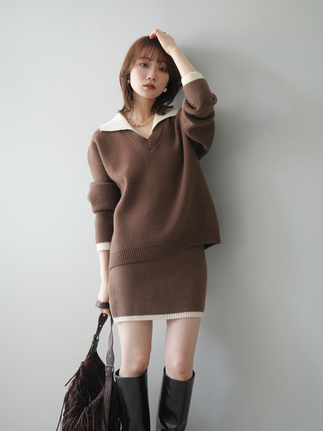 [SET]配色襟ニット＆ミニスカートSET UP+配色襟ニット＆ミニスカートSET UP(2set)