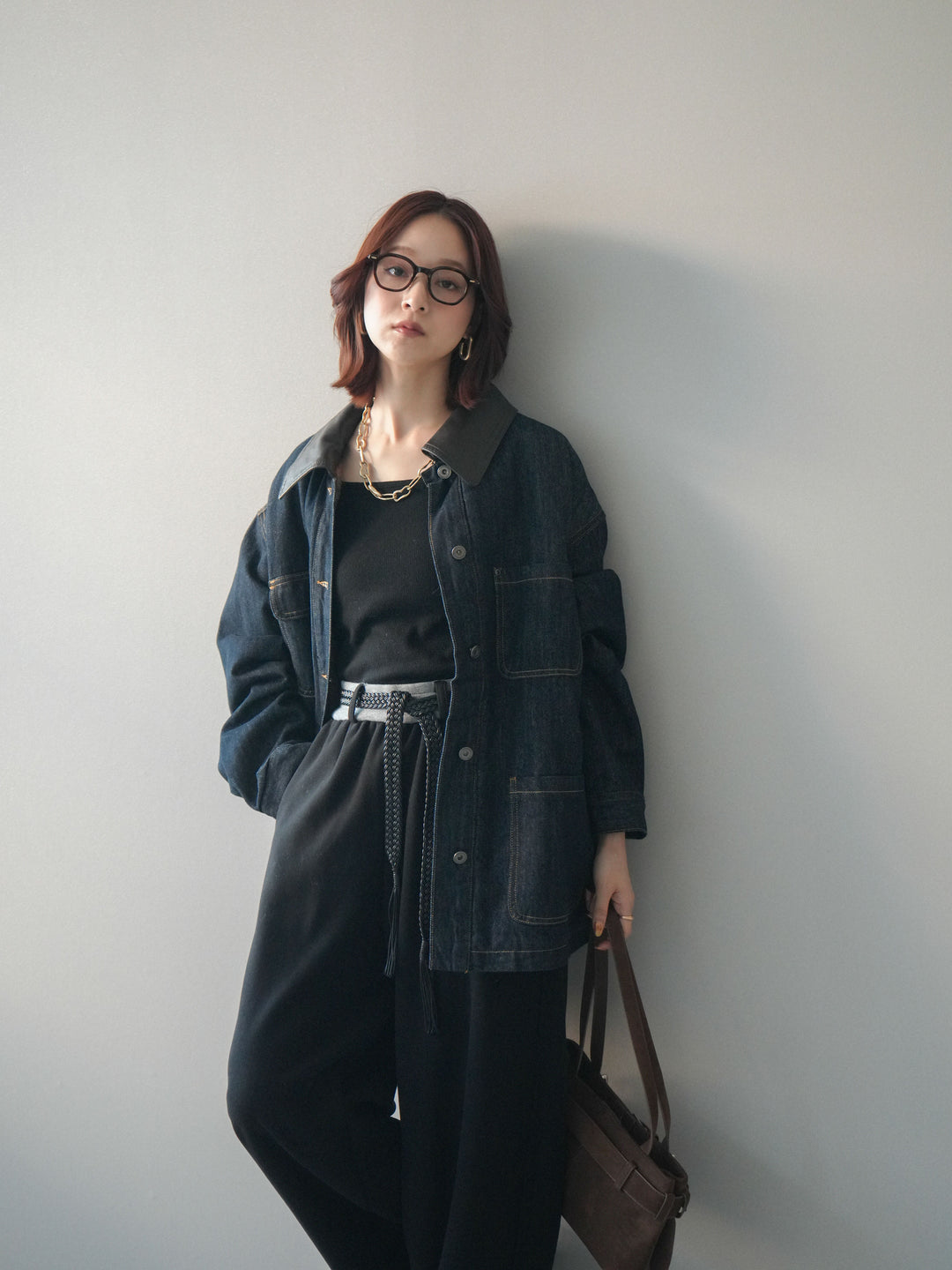 [SET]裏地ファーデニムフライトジャケット+編み込みベルト付きウエスト配色スエットパンツ(2set)