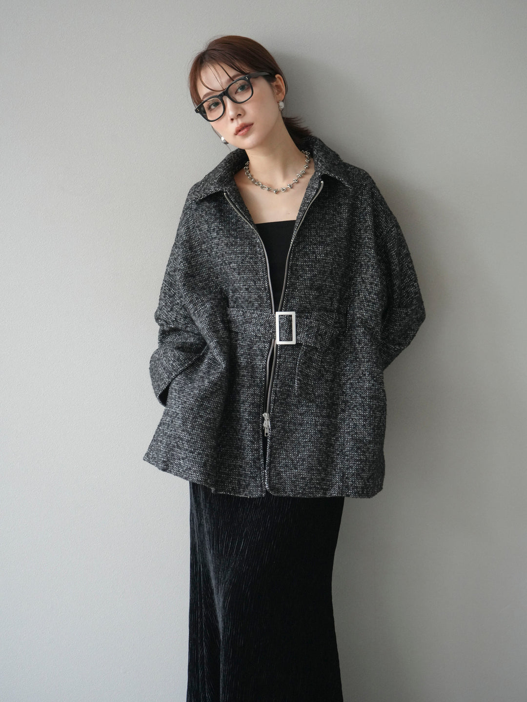 [予約]起毛ツイードベルトぺプラムジャケット/black