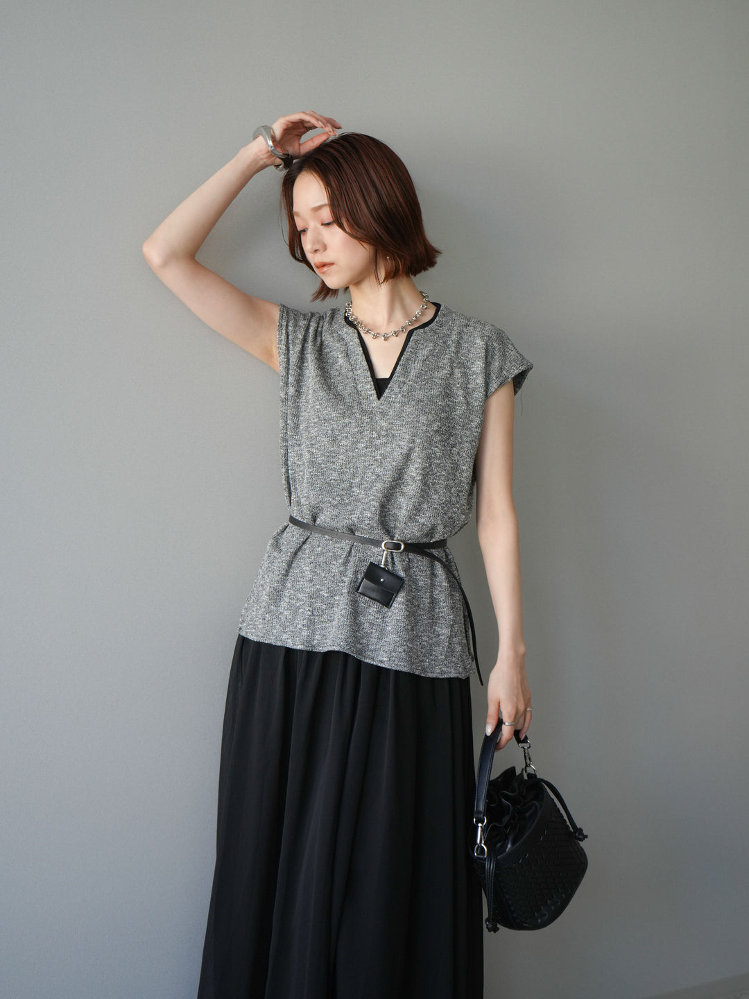 [予約]ベルト付シフォンコンビジャージワンピース/black