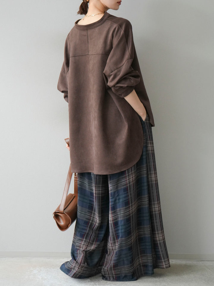 [SET]スエードバンドカラーオーバーシャツ+シアーチェックバギーパンツ(2set)