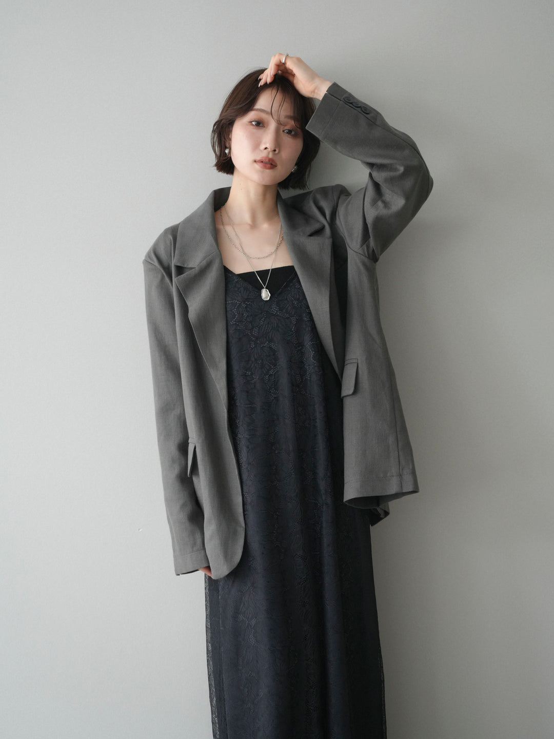 [SET]サテンレースレイヤードキャミワンピース+リネンタッチオーバージャケット(2set)