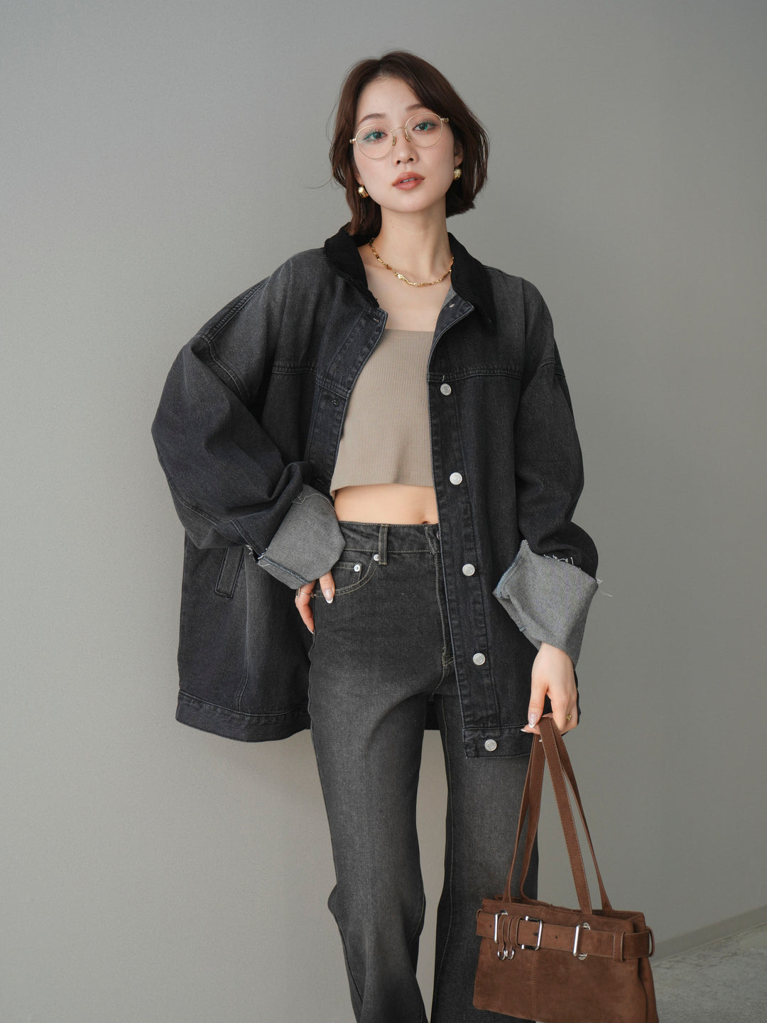 [SET]コーデュロイ×デニムミドルジャケット+フレアデニムパンツ(2set)