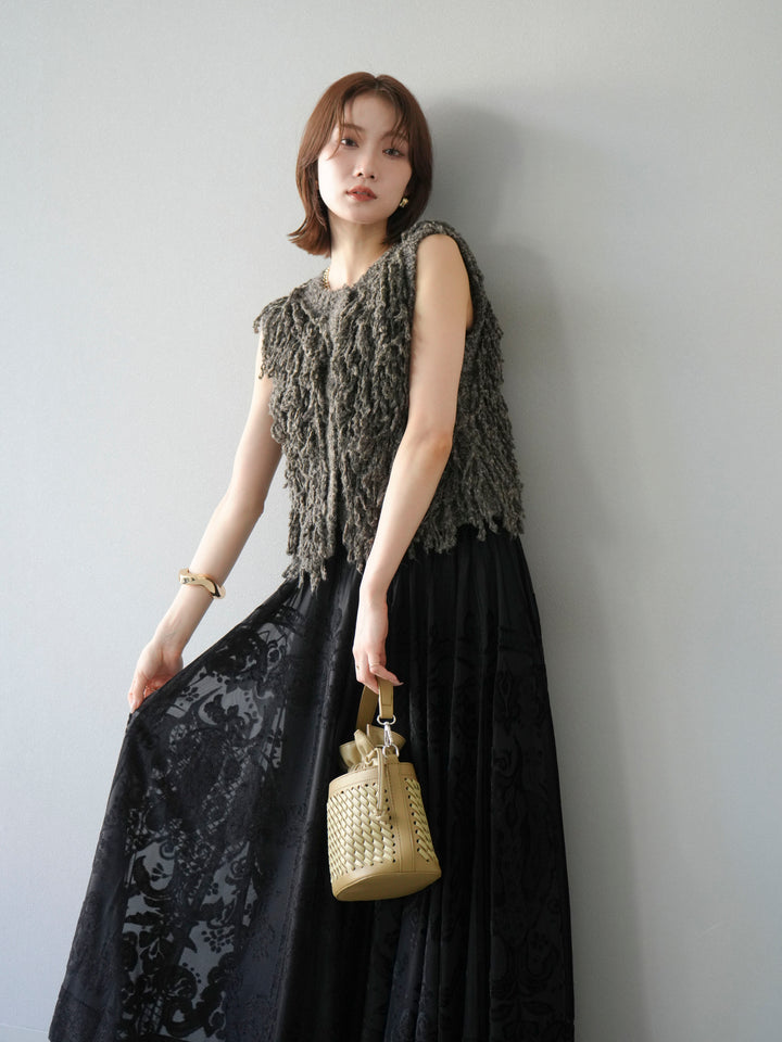 [SET]フリンジループニットベスト+アンティーク柄フロッキーマキシスカート(2set)