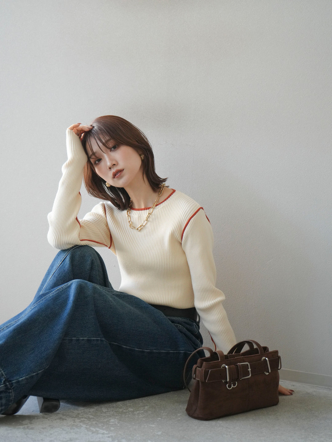 [予約]バイカラークルーネックリブニットトップス/ivory